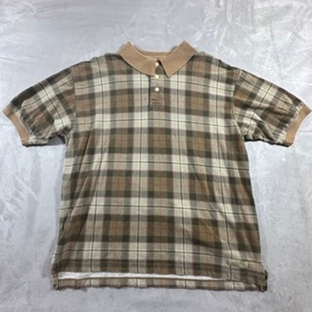 Vintage 90s American Eagle Polo Shirt Mens Plaid Short Sleeve 100 Cotton Brown L